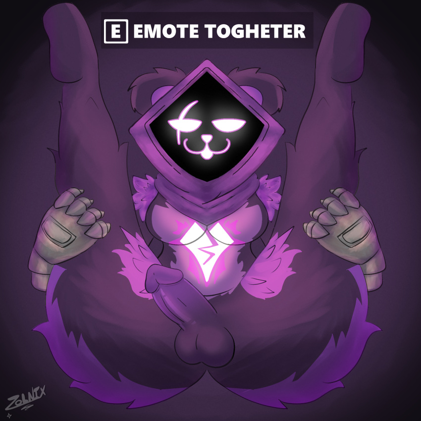 anthro bear breasts epic_games fortnite fur futanari genitals hi_res hood intersex mammal metal penis presenting presenting_penis purple_body purple_fur raven_team_leader solo zolnix