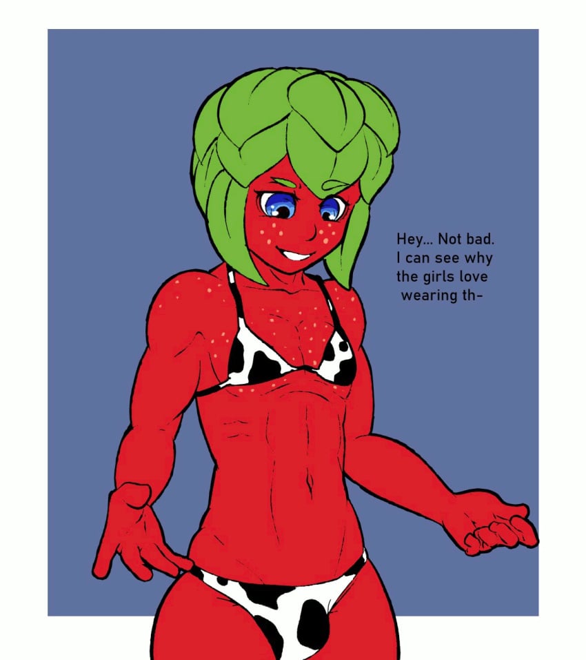 1boy animated barry_(loodeldude) berry bikini blue_eyes breast_growth bulge busty_boy clothed clothing cow_print femboy flora_fauna freckles freckles_on_breasts freckles_on_face gigantic_breasts male male_only mostly_nude navel plant plant_boy sequence spintopple surprised top_heavy