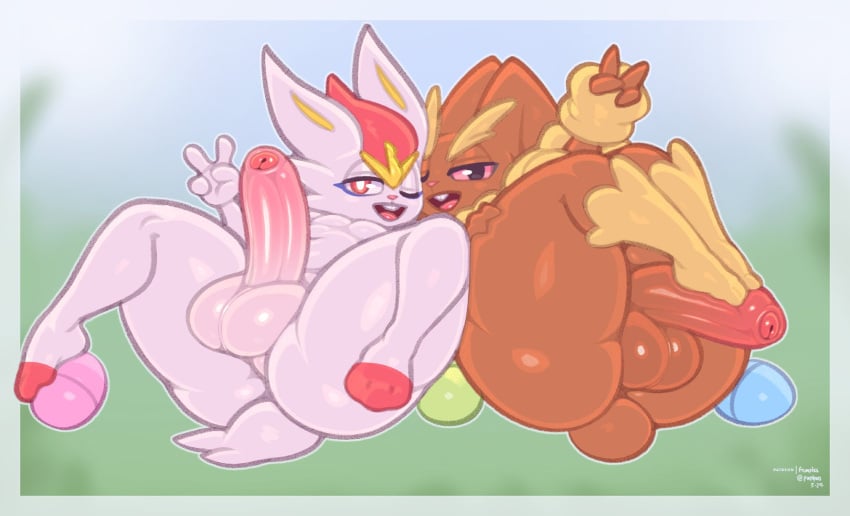 2boys anthro anthro_only artist_name artist_signature ass balls bottom_heavy bottom_heavy_femboy brown_body brown_fur bunny_ears bunny_tail butt cinderace easter easter_egg easter_eggs femboy foreskin frumples furry furry_only game_freak generation_4_pokemon generation_8_pokemon genitals lagomorph laying_on_back leporid lopunny male male_only nintendo one_eye_closed open_mouth peace_sign penis pink_eyes pink_sclera pokemon pokemon_(species) pose rabbit red_eyes short_tail thick_penis thick_thighs thighs white_fur