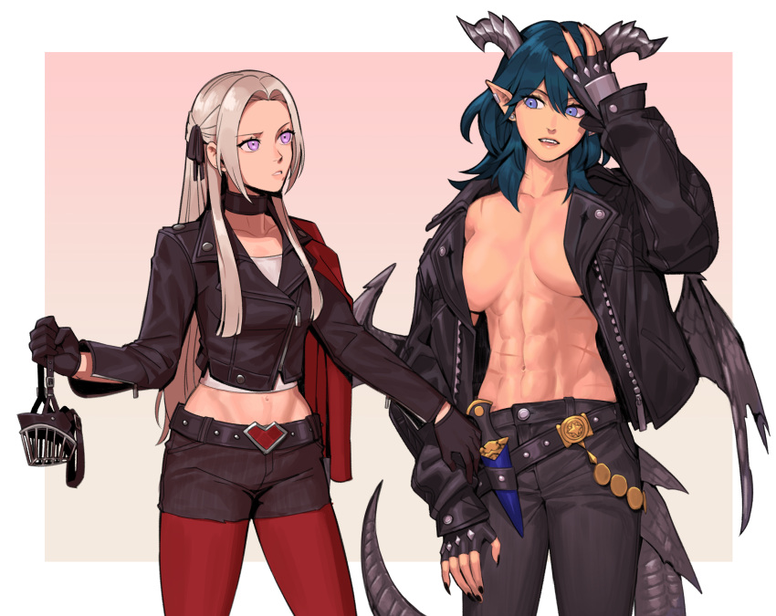 2girls abs blue_eyes blue_hair byleth_(fire_emblem) byleth_(fire_emblem)_(female) dragon_wings edelgard_von_hresvelg exposed_torso fire_emblem fire_emblem:_three_houses horns large_breasts long_hair multiple_girls muscular muscular_female nintendo open_clothes open_coat pre-timeskip purple_eyes radiostarkiller white_hair wings