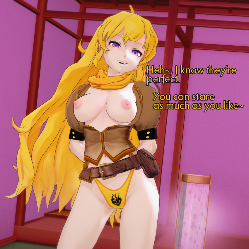 1girls blonde_female blonde_hair breasts corruptionhentai long_hair long_hair_female no_bra panties purple_eyes revealing_breasts rwby yang_xiao_long