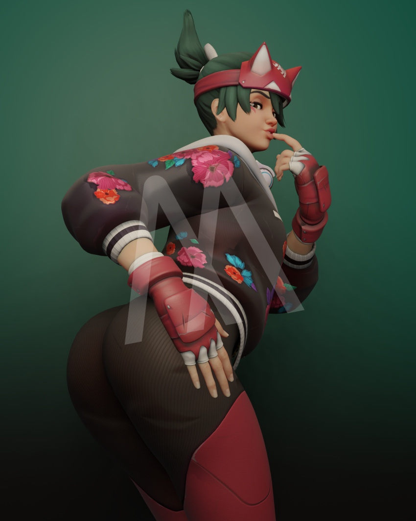 3d ass athleisure_kiriko blender blizzard_entertainment brown_hair clothed fox_ears fox_girl gloves gradient_background green_background green_hair hand_on_butt jacket kiriko_(overwatch) loving_gaze loving_look overwatch overwatch_2 pants the_michael watermark