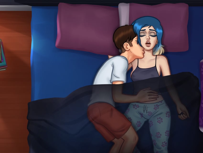 1boy 1girls 2d 2d_(artwork) bed bed_sheet bedroom blanket blue_hair brown_hair closed_eyes clothed clothing couple darkcookie digital_drawing_(artwork) digital_media_(artwork) duo erect_nipples erect_nipples_under_clothes eve_(summertime_saga) female hand_on_stomach kissing kissing_neck laying_down laying_on_back light-skinned_female light-skinned_male light_skin main_character_(summertime_saga) male male/female nipples nipples_visible_through_clothing on_back pyjamas see-through sleeping summertime_saga tank_top teenage_girl teenager two_tone_hair viewed_from_above