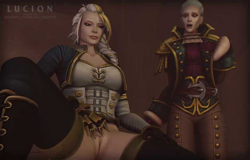 1girls 2girls 3d blizzard_entertainment blonde_hair jaina_proudmoore katherine_proudmoore light-skinned_female light_skin lucionart mother_and_daughter pussy spread_legs warcraft white_hair world_of_warcraft wow