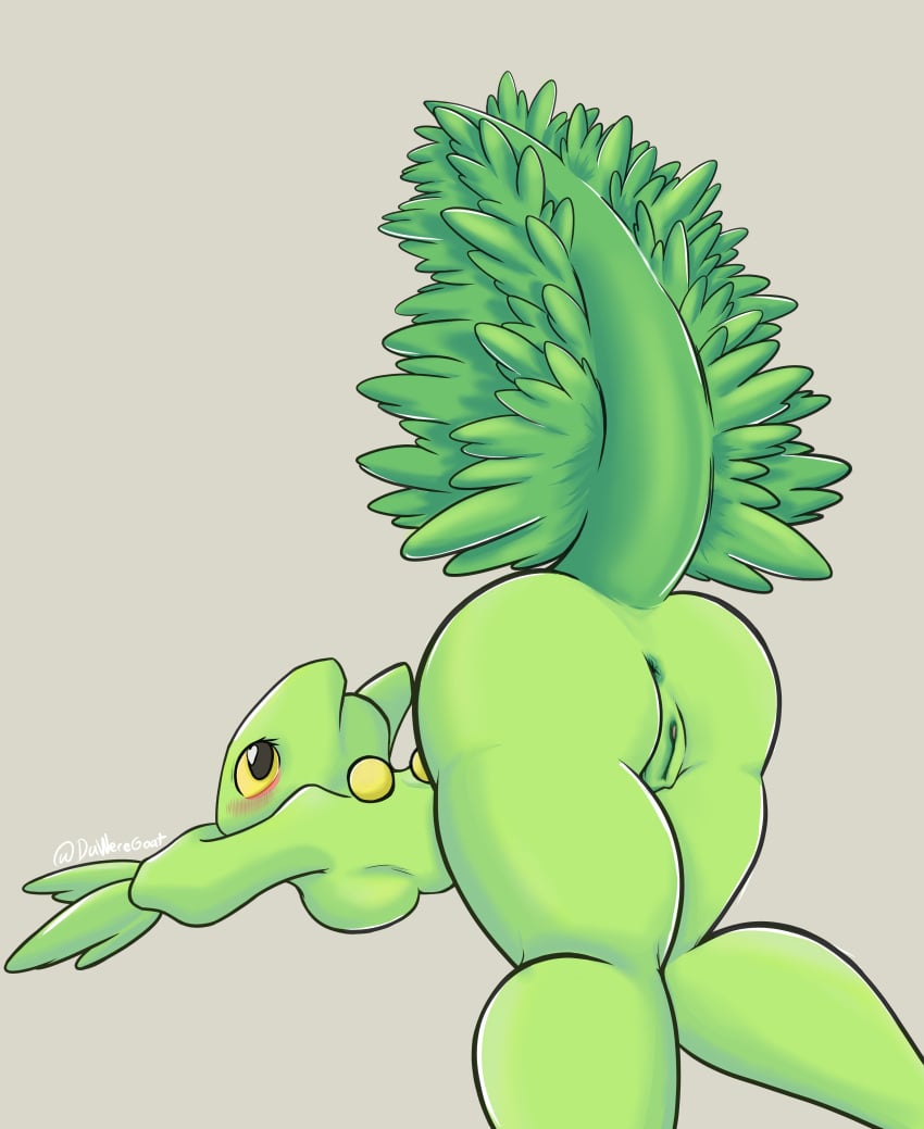 absurd_res all_fours anthro anus ass ass_up bent_over big_butt blush daweregoat elemental_creature elemental_humanoid female flora_fauna gecko generation_3_pokemon genitals green_body green_tail hi_res huge_butt humanoid leaf leaf-tailed_gecko leaf_tail lizard looking_at_viewer looking_back looking_back_at_viewer nintendo plant plant_humanoid pokemon pokemon_(species) pussy reptile scalie sceptile simple_background solo tail thick_thighs yellow_eyes