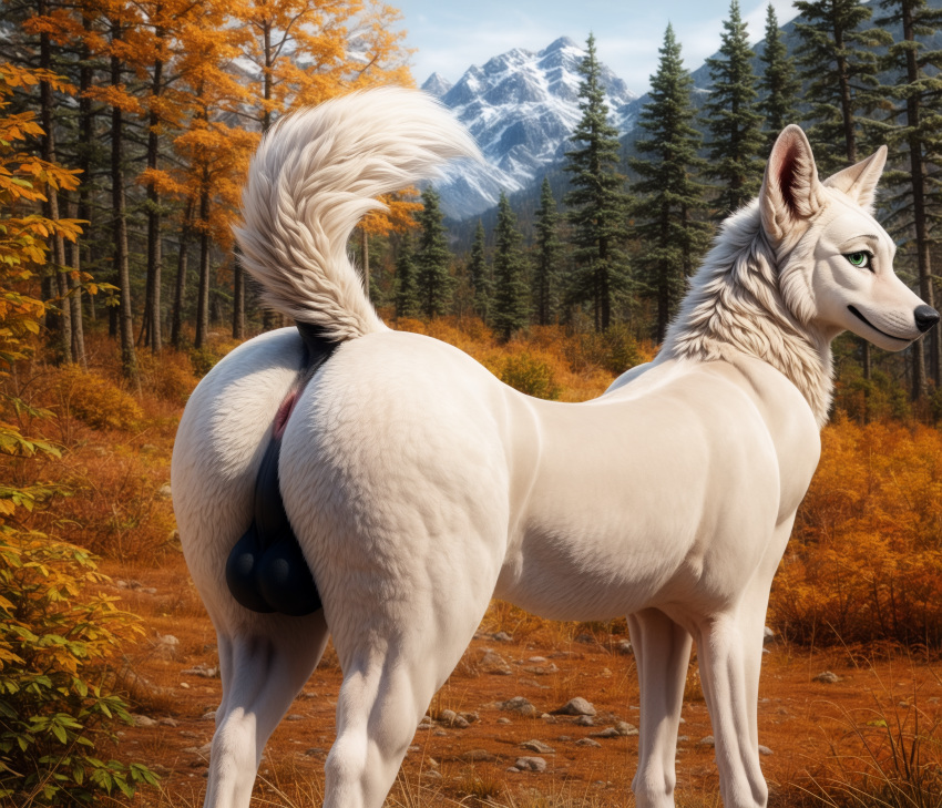 absurd_res ai_generated anus ass autumn balls big_balls big_butt black_balls black_nose blp canid canine canis cheek_tuft day detailed detailed_background detailed_fur domestic_dog evergreen_tree facial_tuft feral forest fur genitals grass green_eyes hi_res inner_ear_fluff light looking_at_viewer looking_back looking_back_at_viewer male mammal mountains outside pine_tree pink_anus plant presenting presenting_hindquarters raised_tail realistic rock small_waist smile solo standing sunlight three-quarter_view tree tuft whisker_spots white_body white_fur wide_hips y_anus