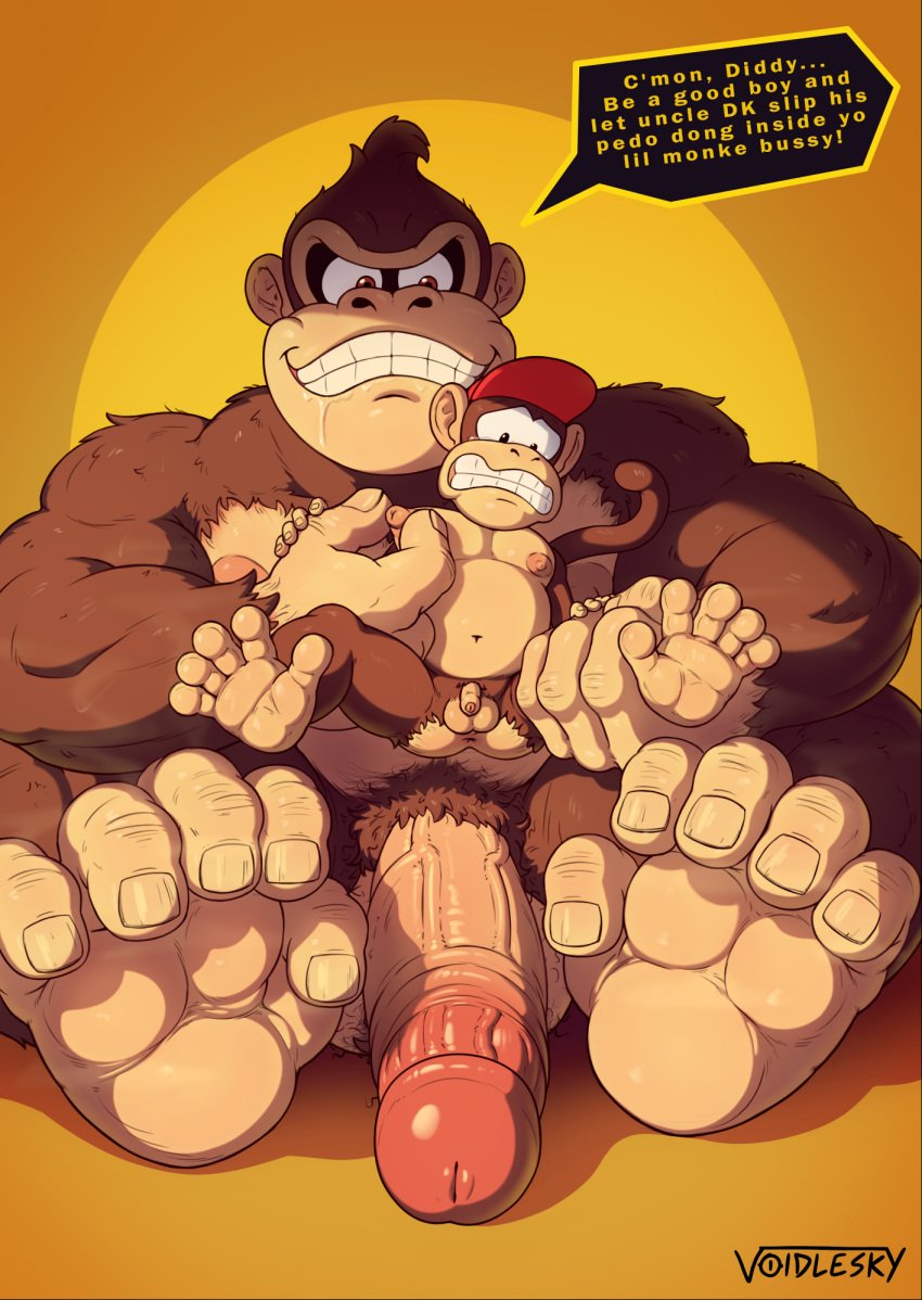 age_difference anthro anthro_only balls beefy bodily_fluids body_hair boner clothing crying daddy diddy_kong donkey_kong donkey_kong_(series) drooling erection feet flaccid foreskin fraternity gay genitals hairy_balls hat hat_only headgear headgear_only headwear headwear_only hi_res implied_pedophilia incest male male/male male_only manly monkey_feet mostly_nude nintendo nipple_fetish nipple_pinch nipple_play nipples nude penis pinch primate pubes saliva size_difference small_penis smaller_male tears tough_guy vein veiny_penis verbal voidlesky