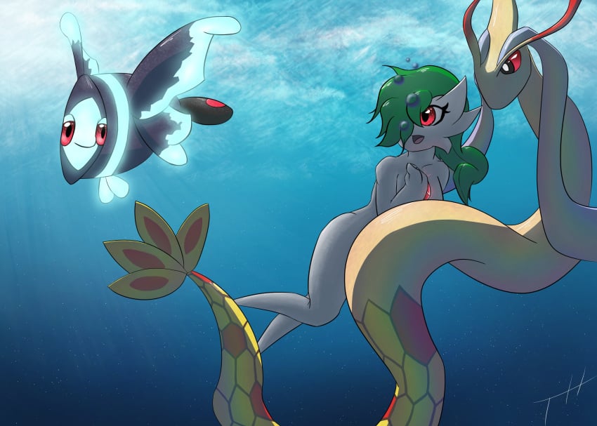 1girls air_bubble censored convenient_censorship female gardevoir generation_3_pokemon ghostth39 green_hair group hair hi_res lumineon milotic nintendo nude pokemon pokemon_(species) red_eyes ruby_(ghostth39) shiny_pokemon swimming underwater water