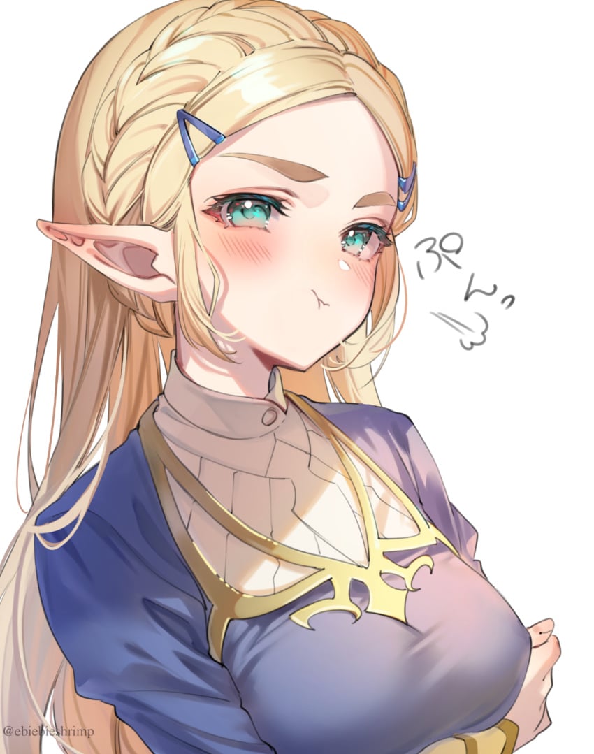 1girls blonde_female blonde_hair blush breasts breath_of_the_wild clothed_female female green_eyes hylian medium_breasts nintendo pointy_ears princess_zelda shuri_(84k) the_legend_of_zelda twitter_username zelda_(breath_of_the_wild)