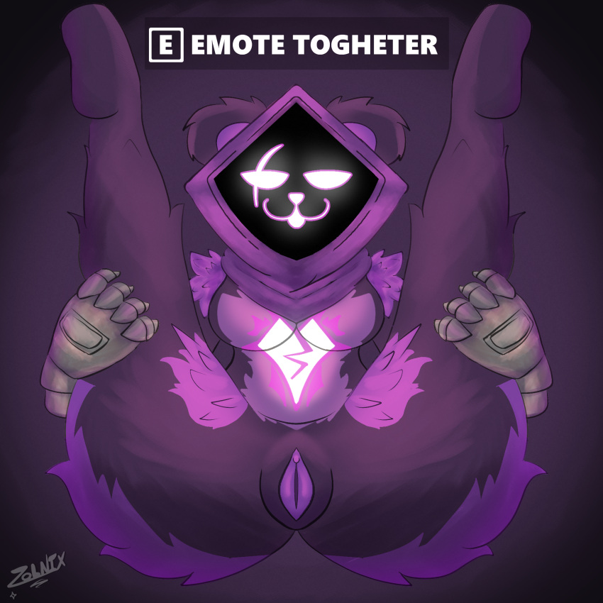 anthro bear epic_games female fortnite fur genitals hi_res hood mammal metal presenting presenting_pussy purple_body purple_fur pussy raven_team_leader solo zolnix