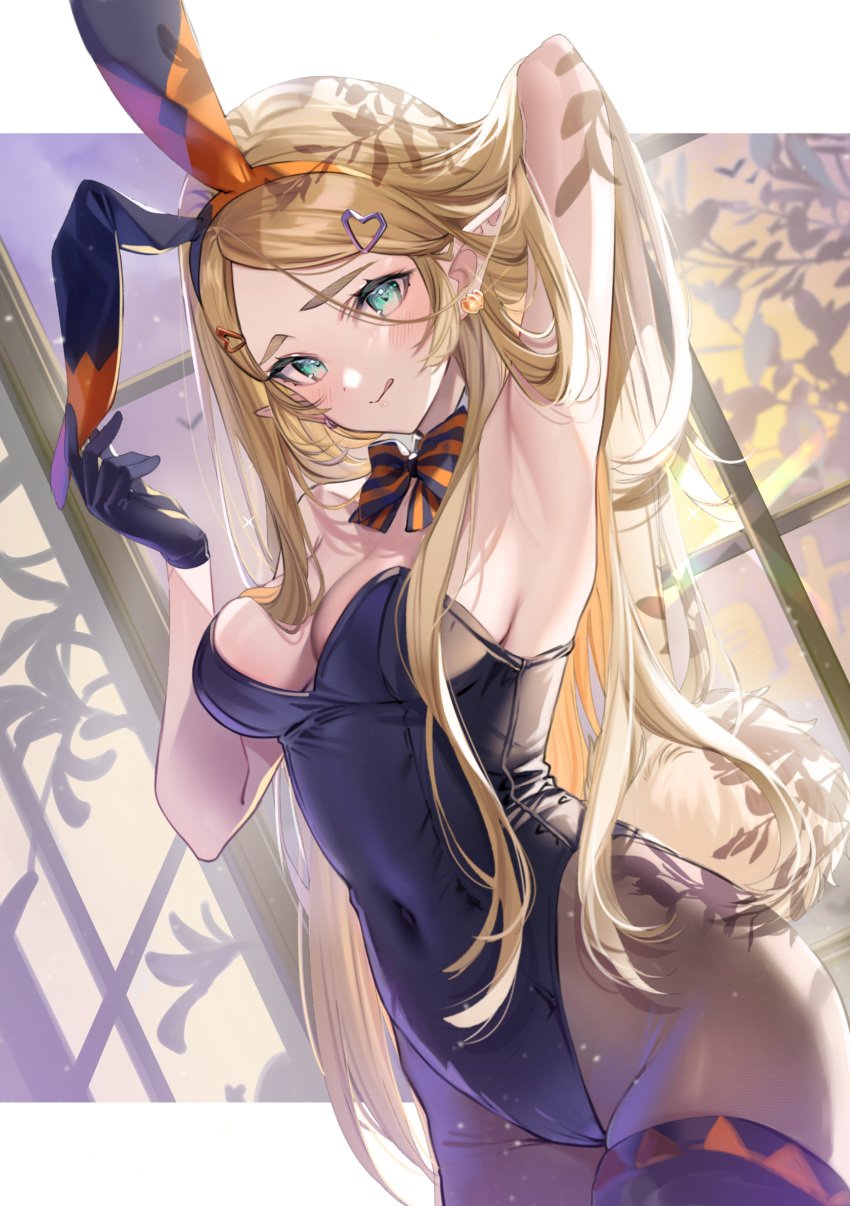 1girls armpits big_breasts blonde_hair blush breath_of_the_wild bunny_ears bunnysuit cleavage detached_collar fake_animal_ears female gloves hairclip hi_res highres hylian leotard long_ears long_hair navel nintendo pantyhose pointy_ears princess_zelda shuri_(84k) the_legend_of_zelda zelda_(breath_of_the_wild)