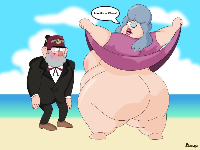 1boy 1boy1girl 1girls areolae ass ass_focus bare_ass barefoot bbw beach beard big_ass big_belly big_breasts blue_eyeshadow blush bottomless bottomless_female bulma's_panty_flash cooldeverage disney disney_xd dragon_ball dragon_ball_(series) dress_lift english_text exposed_breasts exposed_pussy eyelashes eyeshadow fat fat_ass fat_woman female flashing flashing_breasts flashing_pussy gravity_falls grey_hair grunkle_stan hat highres huge_ass huge_belly huge_breasts lazy_eye lazy_susan light-skinned_female light-skinned_male light_skin lipstick looking_at_another looking_at_viewer male mature_female mature_male no_bra no_panties obese one_eye_closed overweight overweight_female parody partially_clothed partially_nude pink_dress plump rear_view red_lipstick shueisha smile smooth_skin standing stanley_pines surprised text text_bubble thick_ass thick_thighs toei_animation undressing watermark wide_hips