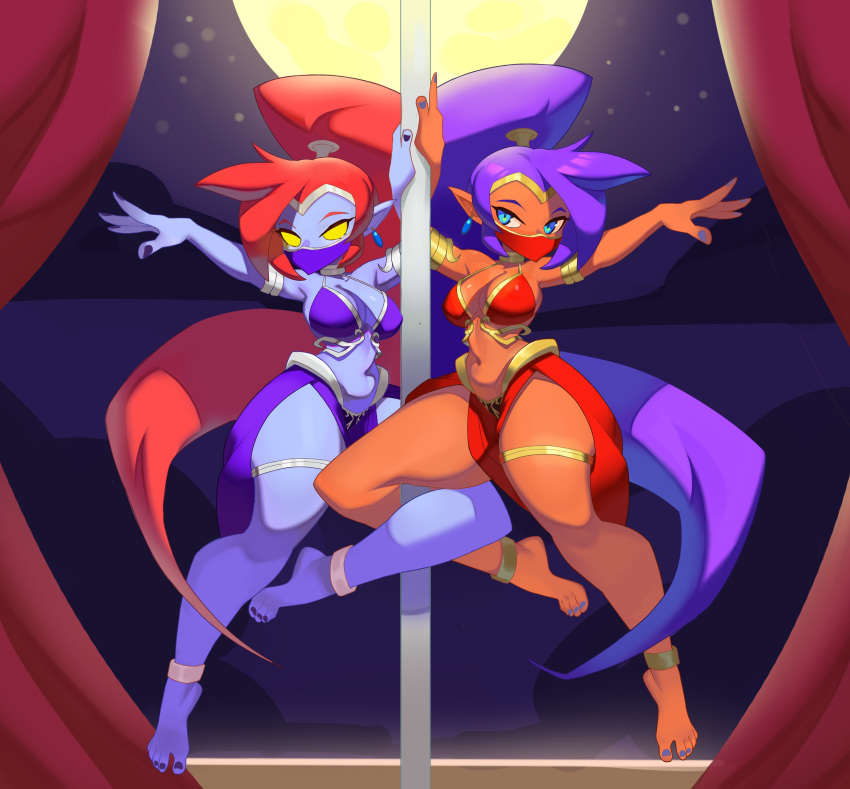 2024 2girls clothed dancer_outfit digital_media_(artwork) female female_only multiple_girls nega-shantae pole_dancing roxy_thefoxy shantae shantae_(character) thick_thighs veil