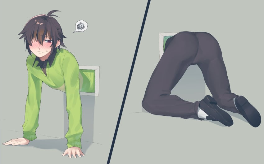 1boy 2koma all_fours alternate_version_available ass ass_focus black_shirt blush brown_hair clothed_male deltarune femboy flustered fully_clothed green_sweater hair_over_one_eye hi_res high_resolution kris_(deltarune) light-skinned_male light_skin male male_focus male_only pants shoes solo solo_focus solo_male ss_komu stuck stuck_in_wall tagme twink undertale_(series) white_socks