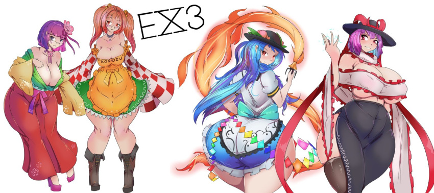 4girls accessory ass big_ass big_breasts blue_hair breasts butt cleavage clothing female female_only greenm hat hieda_no_akyuu hinanawi_tenshi iku_nagae kosuzu_motoori large_ass large_breasts long_hair long_sleeves nagae_iku purple_hair tenshi_hinanawi thick thick_thighs touhou twintails white_background wide_hips