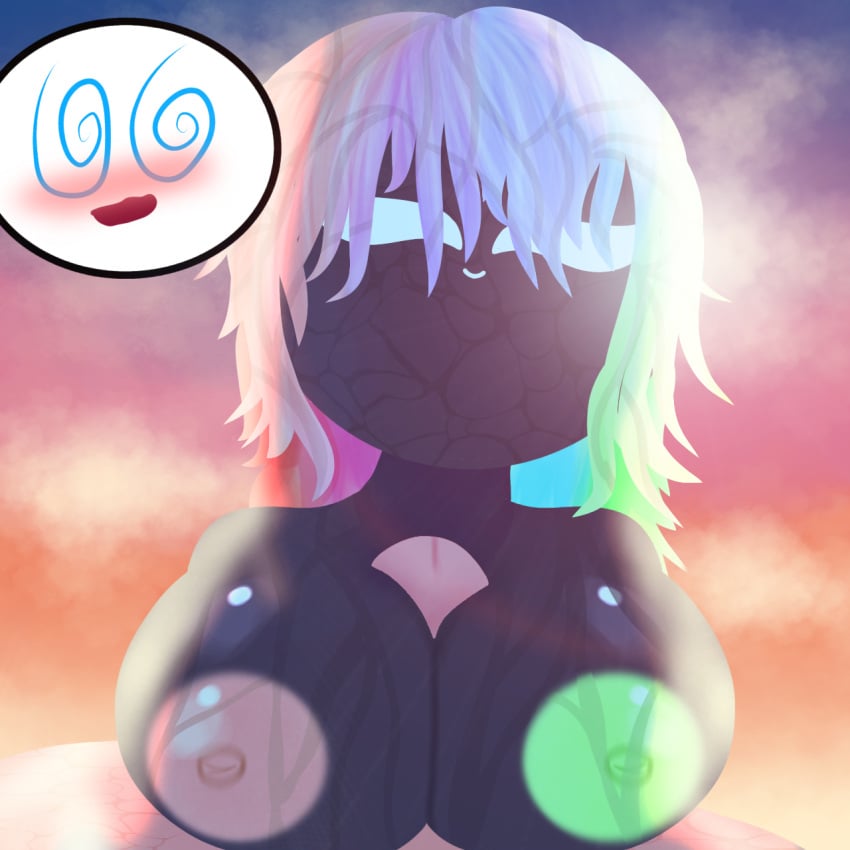 beach big_breasts big_penis black_body blue_eyes blush blush boobjob cloud cloudscape green_nipples lucy_(luisgamingtm) luisgamingtm paizuri pink_nipples rainbow_hair spiral_eyes sunset wet wet_body white_eyes