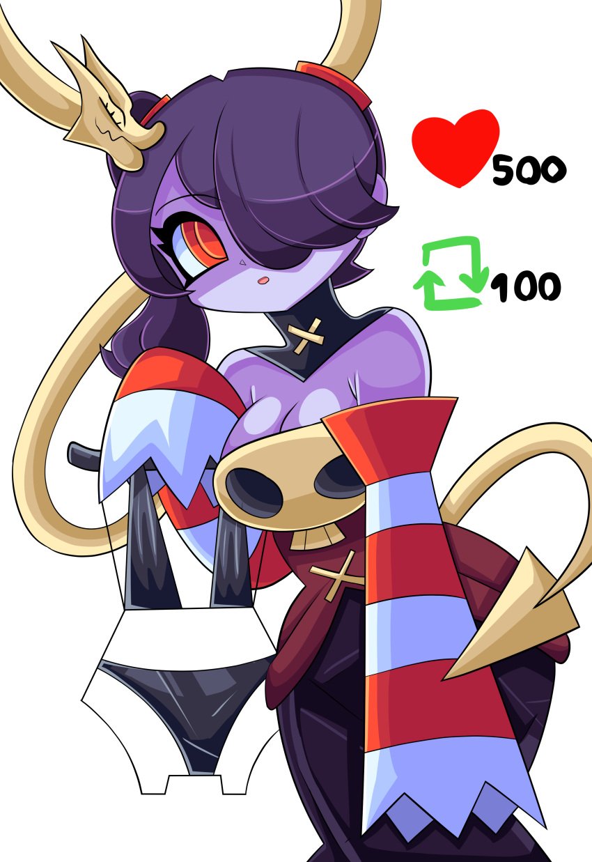 1girls big_breasts bikini cleavage fully_clothed leviathan_(skullgirls) purple_skin sautencrer skullgirls squigly twitter_strip_game_(meme) zombie_girl