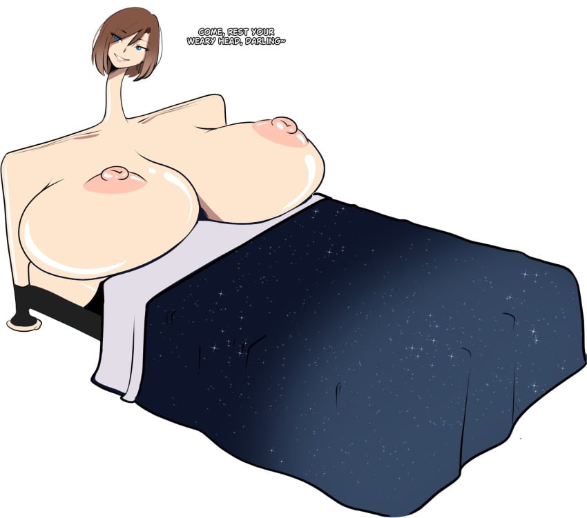 1girls areolae bed bed_sheet bed_sheets bed_transformation big_breasts blue_eyes boob_pillow boobs_bigger_than_head breast_pillow breasts_bigger_than_head brown_hair brown_hair_female crysten_kimura_(pantsudesu) darling_(compliment) elastic elastic_body elastic_girl elastic_neck elasticity elongation eyebrows_visible_through_hair eyes_visible_through_hair female flirting flirting_look flirting_with_viewer forniphilia furniture_transformation huge_boobs huge_breasts human_furniture inviting inviting_to_sex living_furniture long_neck looking_at_viewer object_transformation pantsudesu pink_nipples smile smile_at_viewer smiling_at_viewer starry_sky_print stretching stretchy stretchy_body stretchy_neck superpowers text transformation what white_background