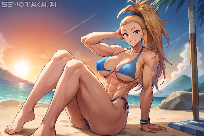 1girls abs ai_generated bare_arms bare_legs bare_shoulders bare_thighs beach big_breasts bikini bikini_bottom bikini_top brown_hair captain_mizuki clothed clothing color feet female female_focus female_only fit_female hi_res large_breasts light-skinned_female light_skin long_hair looking_at_viewer muscles muscular muscular_arms muscular_female muscular_legs muscular_thighs one-punch_man ponytail purple_eyes sand sea senotakai_ai sitting solo solo_female tagme thick_thighs water