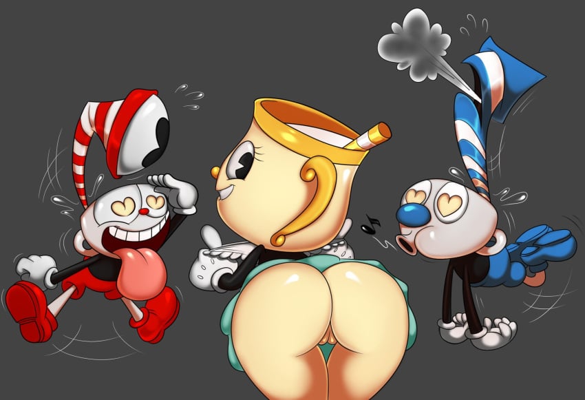 2boys1girl :0 ass_focus big_ass big_butt casual casual_nudity clothed cuphead cuphead_(game) heart looking_at_viewer looking_back ms._chalice mugman no_underwear oddrich suprised teasing underass wings