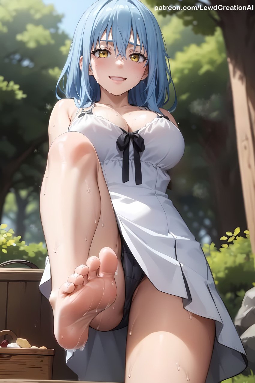 1girls absurd_res ai_generated big_breasts blue_eyes blush blush_lines blushing_at_viewer breasts cameltoe curvy curvy_figure female foot_fetish foot_focus foot_worship forest from_below glowing_eyes golden_eyes grass heels high_resolution highres leg_up lewdcreationsai looking_at_viewer outdoors panties picnic puffy_nipples rimuru_tempest smile solo solo_female solo_focus sundress sweat sweatdrop sweating sweaty sweaty_feet tagme that_time_i_got_reincarnated_as_a_slime thick thick_legs thick_thighs thighs toes white_dress yellow_eyes
