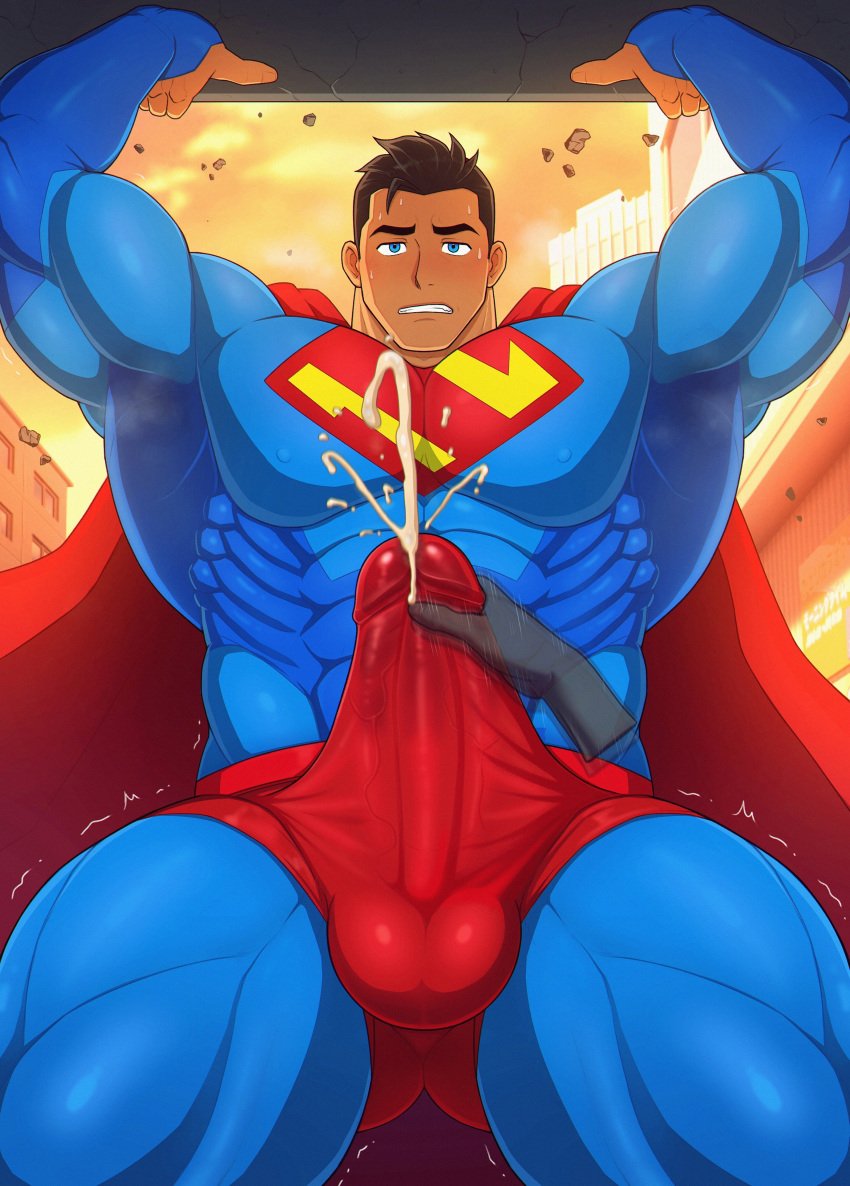 1boy bara big_bulge black_hair blue_eyes bulge clark_kent clark_kent_(my_adventures_with_superman) clothing cum cum_drip cum_through_clothes dc dc_comics erection_under_clothes genital_fluids handjob huge_bulge male male_only masturbation muscular_male my_adventures_with_superman orgasm penis_outline superhero superman superman_(series) tight_clothing toto_(artist)