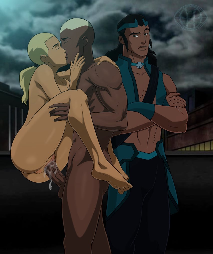 1girls 2boys aqualad artemis_crock cum_inside dark-skinned_male eye_of_the_beholder kaldur'ahm penis_in_pussy stand_and_carry_position straight_sex vaginal_penetration young_justice