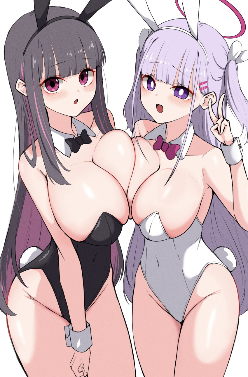 2girls :3 anime_nose bangs big_breasts black_hair blunt_bangs bowtie breast_to_breast bunny_ears bunny_girl bunnysuit chestnut_mouth colored_inner_hair cute_fang detached_collar detached_cuffs female female_only forehead hair_clips hairclip hime_cut huge_breasts inner_hair long_bangs oha_h22 peace_sign pink_eyes pink_hair pink_hairclip playboy_bunny purple_eyes purple_hair silver_hair top_heavy two_side_up v v_sign wrist_cuffs