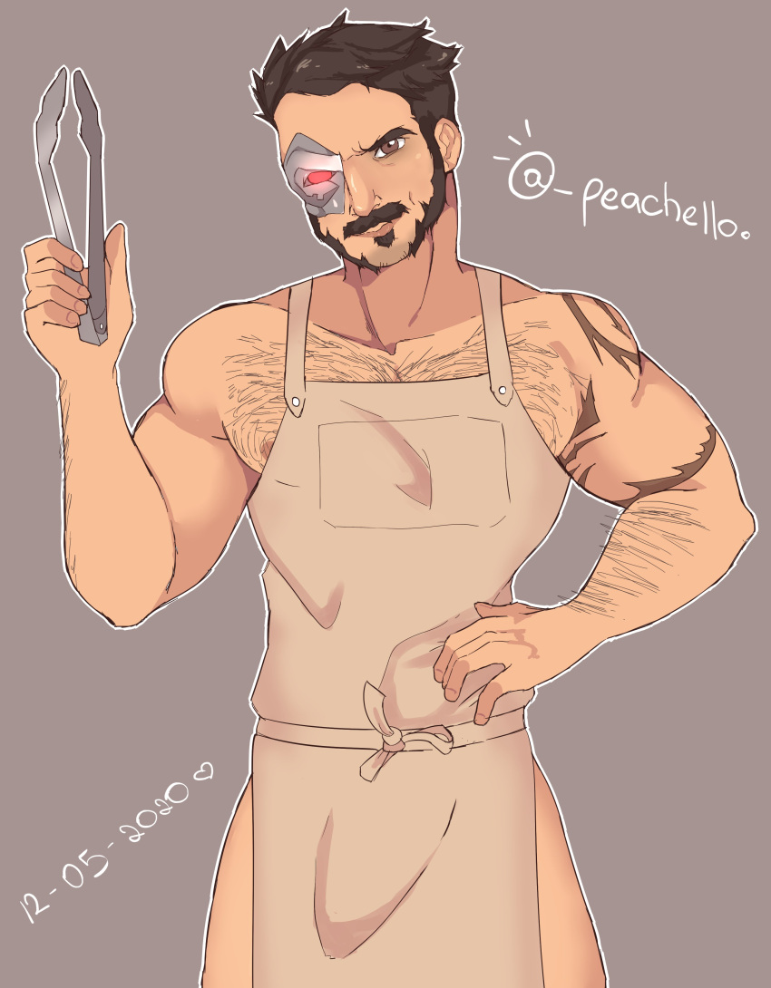 apron apron_only balls bara body_hair bulge facial_hair kano_(mortal_kombat) male male_only mortal_kombat muscles muscular mutton_chops peachello penis sideburns solo solo_male