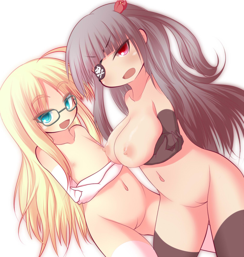 2girls :d aqua_eyes benerokku black-framed_glasses black_gloves black_hair black_legwear blonde_hair blush breast_hold breasts crossed_arms elbow_gloves eye_patch female flat_chest flower glasses gloves hair_flower large_breasts long_hair multiple_girls natasha_(sekai_seifuku) navel nipples nude one_side_up open_mouth professor_um pussy red_eyes sekai_seifuku:_bouryaku_no_zvezda shikabane_itsuka simple_background smile thighhighs uncensored white_background white_gloves white_legwear