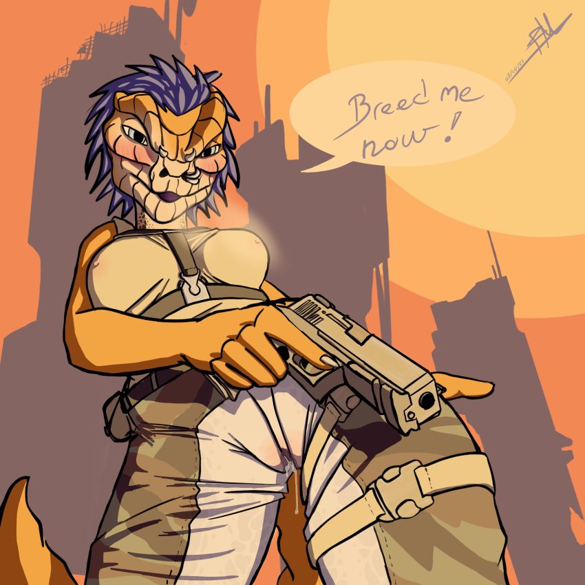 anthro argonian bethesda_softworks blue_eyes bodily_fluids breed clothing feathers female foxmelra genital_fluids gun hajjeke hi_res military orange_body pinup pose ranged_weapon scalie soldier soldier_uniform solo the_elder_scrolls tight_clothing vaginal_fluids warrior weapon wet wet_clothing