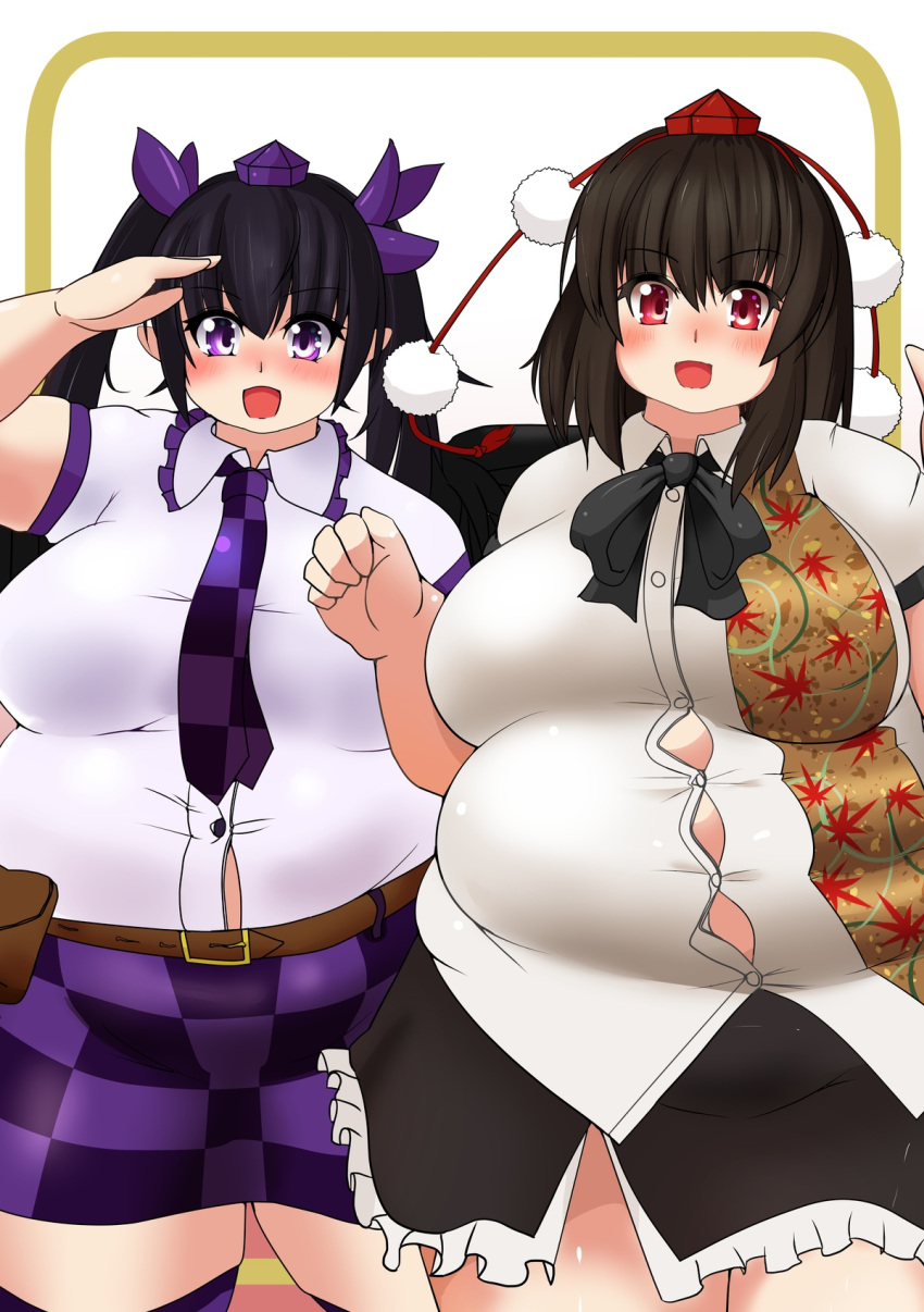 bbw belly_overhang big_belly big_female black_hair blush blush chubby chubby_female embarrassed fat fat_ass fat_female fat_fetish fat_girl fat_woman fatty hatate_himekaidou large_female nerizou obese obese_female overweight overweight_female pig plump pork_chop shameimaru_aya tengu thick_thighs tight_clothes tight_clothing tight_fit touhou tubby weight_gain