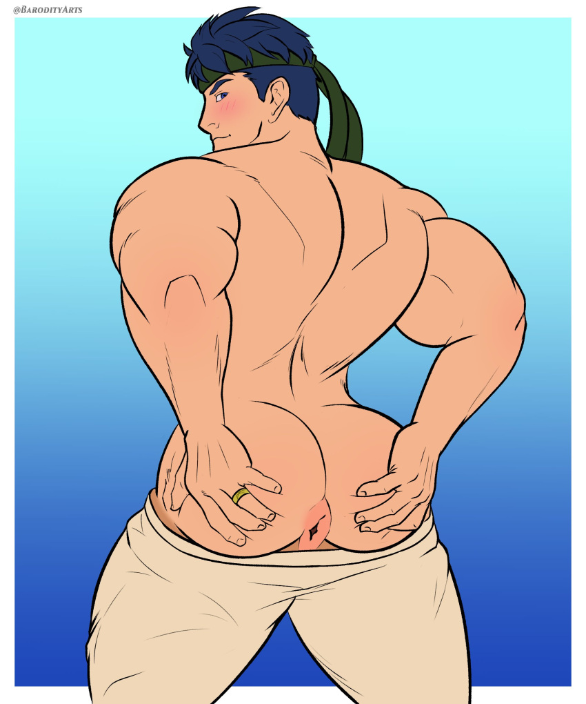 1boy anus ass ass_focus asshole back back_view bara bara_ass barodityarts biceps black_hair black_hair_bottom blue_eyes blue_hair blue_hair_on_black_hair blue_hair_top blush domination fire_emblem fire_emblem:_radiant_dawn gay green_headband hands_on_own_ass headband hi_res ike_(fire_emblem) light_hair_on_dark_hair looking_at_viewer looking_back male male_only muscular muscular_male open_anus open_ass pants pants_around_thighs ring simple_background solo solo_focus solo_male spread_anus spreading_ass thick thick_ass twitter_username