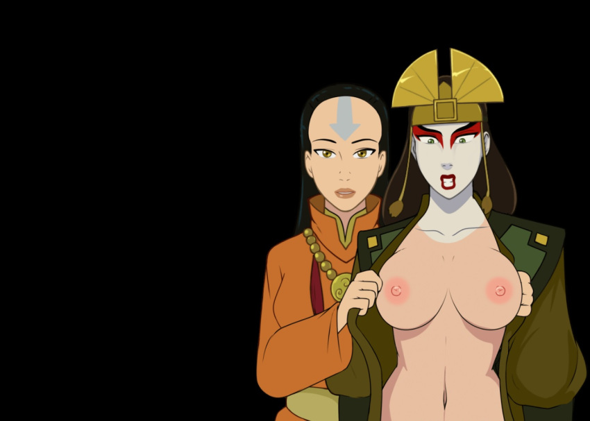 2d 2girls air_nomad airbender_tattoo avatar_legends avatar_the_last_airbender breasts earth_kingdom female female_only four_elements_trainer game_cg green_eyes human kyoshi makeup mity multiple_girls nipples the_avatar yangchen yellow_eyes