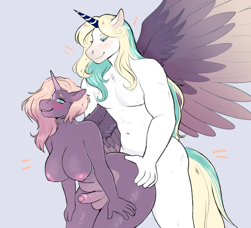 2023 alicorn anthro anutka areola balls biped blonde_hair blue_eyes blush bodily_fluids breasts digital_media_(artwork) drooling equid equine erection feathered_wings feathers foreskin from_behind_position genitals glans green_hair grey_background gynomorph gynomorph/male gynomorph_penetrated hair hi_res horn humanoid_genitalia humanoid_penis intersex intersex/male intersex_penetrated male male_penetrating male_penetrating_gynomorph male_penetrating_intersex mammal multicolored_hair mythological_creature mythological_equine mythology navel nipples nude partially_retracted_foreskin penetration penis pink_areola pink_inner_ear pink_nipples saliva sex simple_background size_difference slightly_chubby slightly_chubby_gynomorph slightly_chubby_intersex standing striped_horn stripes tail two_tone_hair unicorn unicorn_horn wings