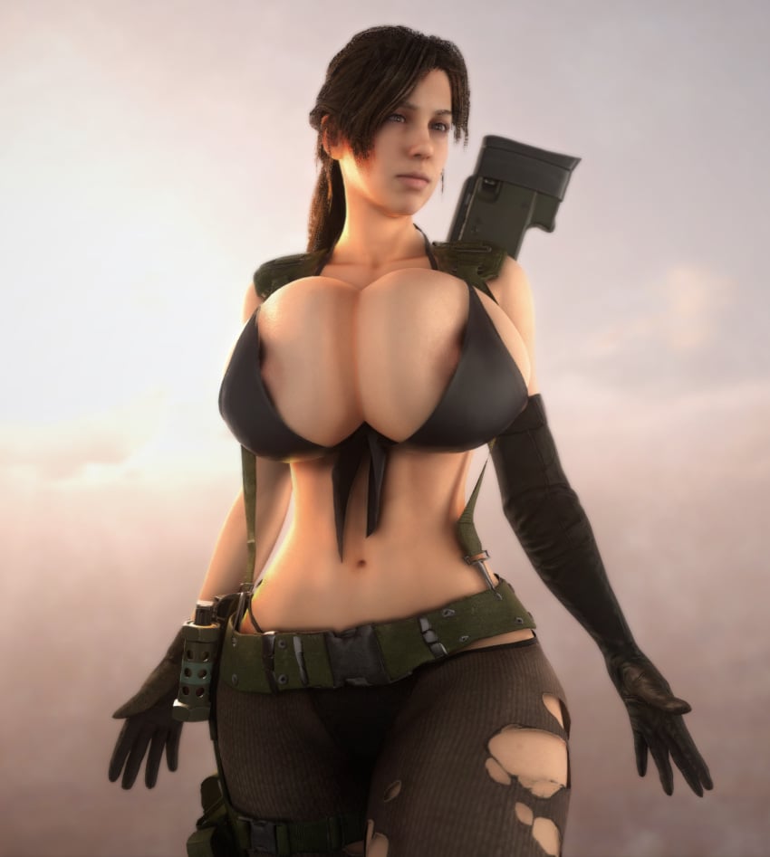 1girls 3d 3d_(artwork) alternate_breast_size areola_slip asymmetrical_gloves belt big_lips busty cropped_legs dark_hair female female_only female_solo firearm front_view full_lips gloves hair huge_breasts human human_female human_only lips metal_gear metal_gear_solid metal_gear_solid_v midriff panties_under_pantyhose pantyhose pink_lips ponytail quiet_(metal_gear) ranged_weapon rifle solo solo_female standing straps suspenders thick_bottom_lip thigh_holster thigh_strap tied_hair torn_legwear torn_pantyhose upper_body vaako weapon weapon_on_back