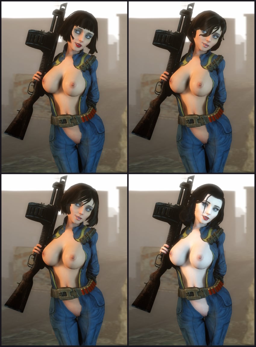 3d bandolier bangs belt big_breasts bioshock bioshock_infinite black_hair blue_eyes bodysuit breasts breasts_out burial_at_sea busty casual cleavage clothing computer crossover deep_cleavage electronics elizabeth_comstock eyeshadow fallout female female_focus female_only firearm flashing flashing_breasts flashing_pussy gun hourglass_figure human jumpsuit lipstick long_hair lordaardvark makeup pale-skinned_female pale_skin pinup pinup_pose pip-boy ponytail pussy shaved_pussy short_hair shotgun standing tagme unzipped unzipped_bodysuit vagina vault_101 vault_dweller_(cosplay) vault_suit weapon wide_hips wristwear