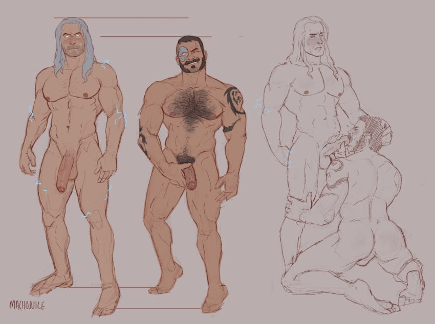 balls bara blowjob body_hair boner erection facial_hair gay hand_on_head kano_(mortal_kombat) long_hair machojuice male male_only mortal_kombat muscles muscular mutton_chops nude oral penis raiden_(mortal_kombat) sideburns