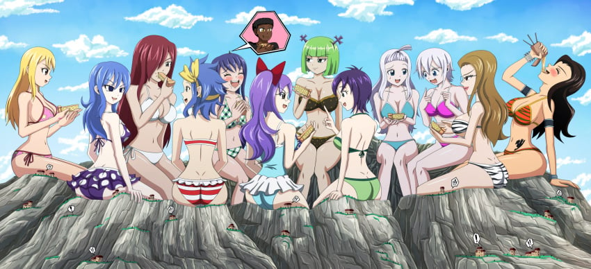 12girls bikini brandish_mew cana_alberona edolas erza_scarlet evergreen_(fairy_tail) fairy_tail giantess juvia_lockser kinana_(fairy_tail) laki_olietta larger_female levy_mcgarden lisanna_strauss lucy_heartfilia mirajane_strauss multiple_girls one-piece_swimsuit swimsuit wendy_(edolas)