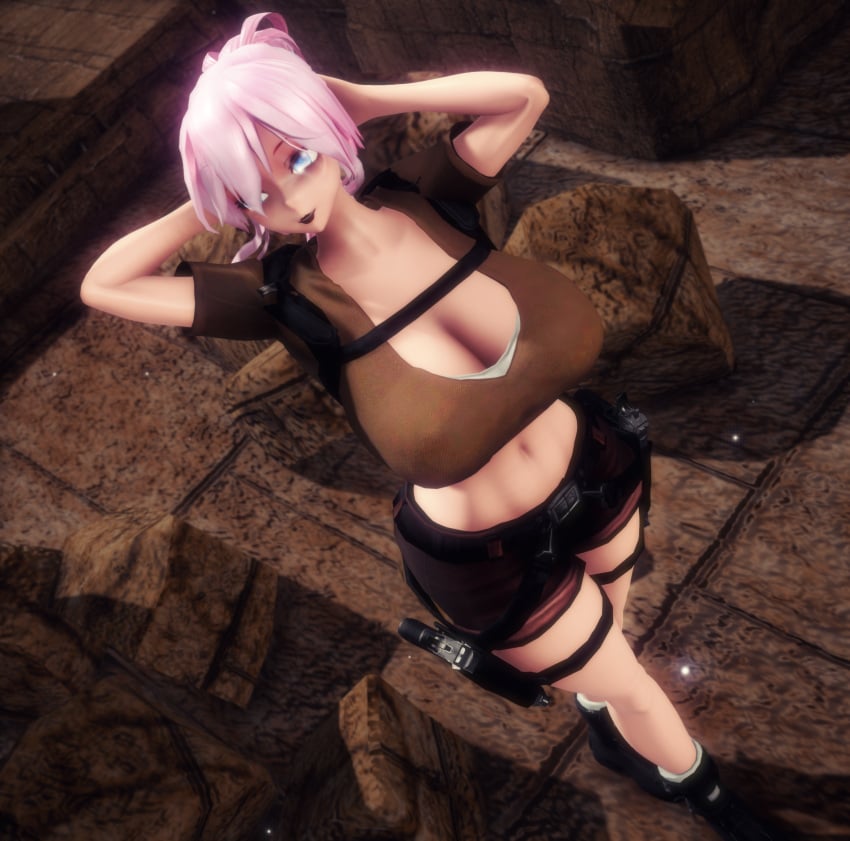 3d anya_jackal big_breasts bimbo huge_breasts lara_croft_(cosplay) large_breasts megurine_luka mmd pink_hair tagme vocaloid