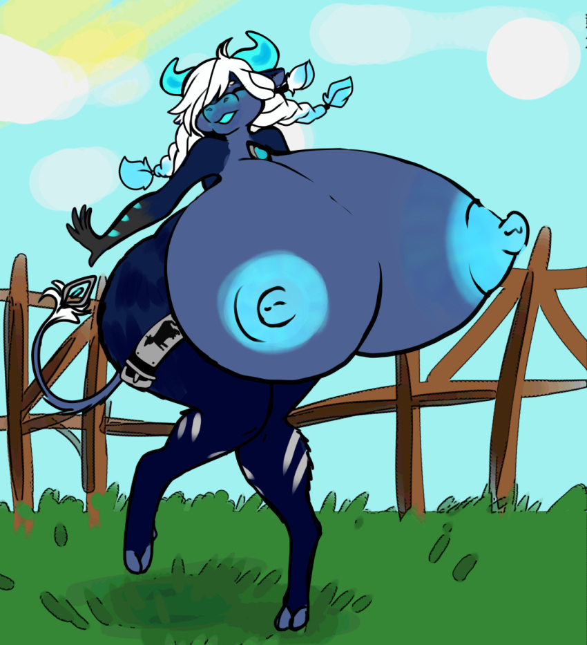 absurd_res anthro belt big_breasts bovid bovine breast_expansion breasts expansion female hi_res huge_breasts hyper hyper_breasts kalya_(rockylars) mammal reddandwhyte solo