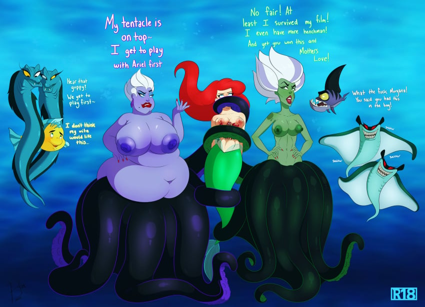 3girls ariel ariel_(the_little_mermaid) big_breasts breasts bunbunmuffinart chubby chubby_female cloak_(the_little_mermaid_ii) crab dagger_(the_little_mermaid_ii) dialogue disney disney_princess english_text european_mythology fairy_tales female fish flotsam flounder green_skin hans_christian_andersen jetsam light-skinned_female light_skin literature long_hair manta_ray mature_female mermaid monster_girl moray_eel morgana_(the_little_mermaid) multiple_girls mythology nipples overweight overweight_female public_domain purple_skin red_hair sebastian_(disney) shark short_hair siblings sisters tentacle text the_little_mermaid the_little_mermaid_(1989_film) the_little_mermaid_ii:_return_to_the_sea tiger_shark undertow underwater ursula_(the_little_mermaid)