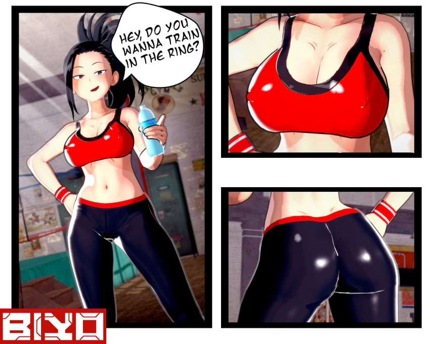 1girls 3d big_breasts biyo black_hair blush comic_panel gym koikatsu looking_at_viewer momo_yaoyorozu my_hero_academia ponytail red_bra seductive workout wrestling_ring