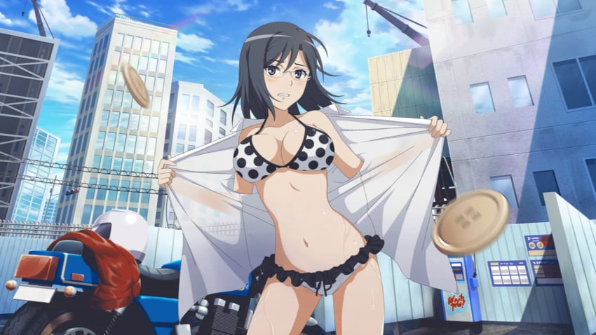 bare_shoulders belly_button big_breasts black_eyes black_hair embarrassed glasses konori_mii official_art short_hair stripping swimsuit thighs to_aru_majutsu_no_index wet_body