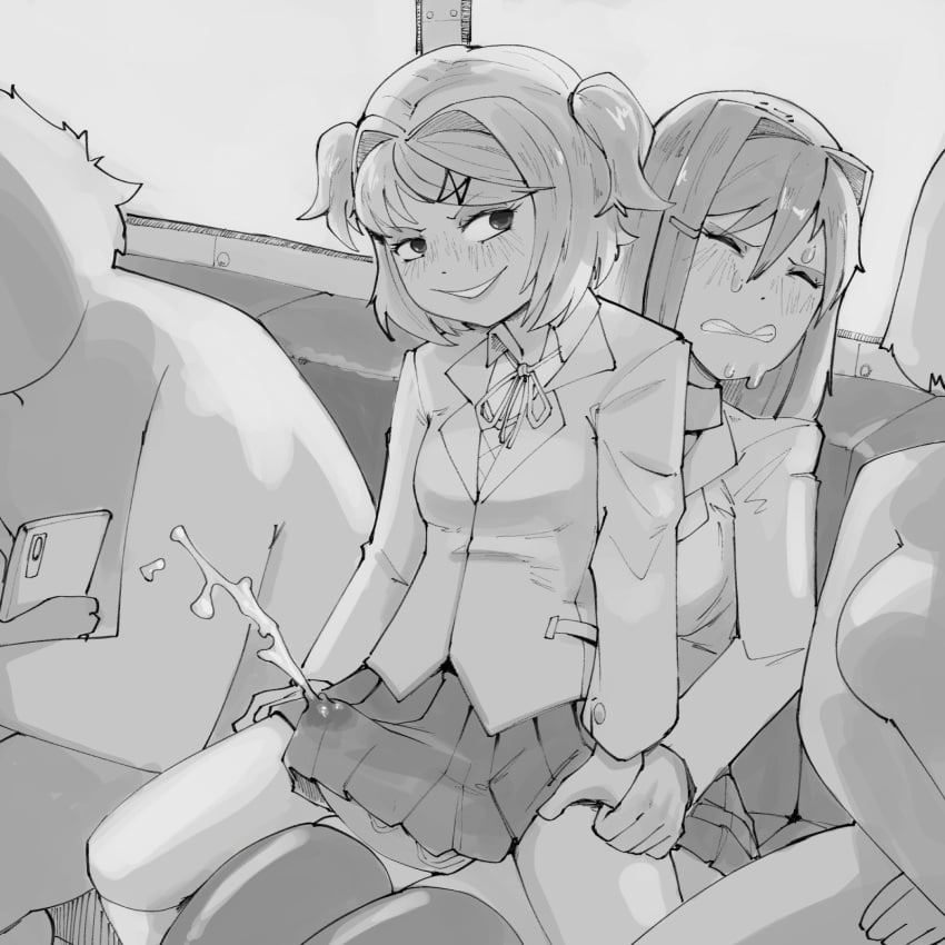 1futa 1girls 2024 2d 2d_(artwork) 2d_artwork big_penis big_thighs bottomless box_chan breasts clothed clothing cum cumming doki_doki_literature_club duo_focus ejaculation erection erection_under_skirt female futa_on_female futanari greyscale group human leggings legwear long_hair looking_at_another looking_away looking_pleasured mostly_clothed mouth natsuki_(doki_doki_literature_club) nervous open_mouth orgasm penis precum sitting skirt smug smug_face stealth_sex struggling sweat sweating sweating_profusely teeth_clenched teeth_showing teeth_visible tenting thighs train train_interior trying_not_to_cum trying_to_be_quiet twin_braids twintails uncensored worried worried_expression yuri_(doki_doki_literature_club)