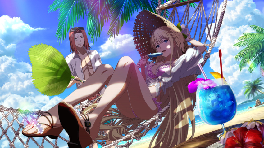 beach blonde_hair blue_eyes feet hammock hat laura_stuart long_hair official_art pink_swimsuit popsicle sandals smile stiyl_magnus swimsuit thighs to_aru_majutsu_no_index