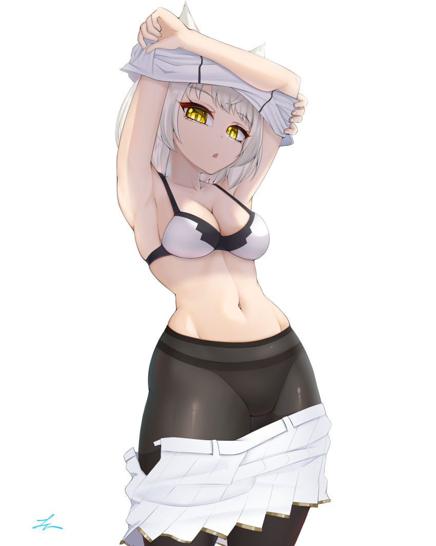 armpits arms_up belly_button black_panties black_pantyhose bra breasts cat_ears catgirl hourglass_figure looking_at_viewer midriff mio_(xenoblade) panties pantyhose skirt_down tagme_(artist) taking_clothes_off white_bra white_hair white_shirt white_skirt xenoblade_(series) xenoblade_chronicles_3 yellow_eyes