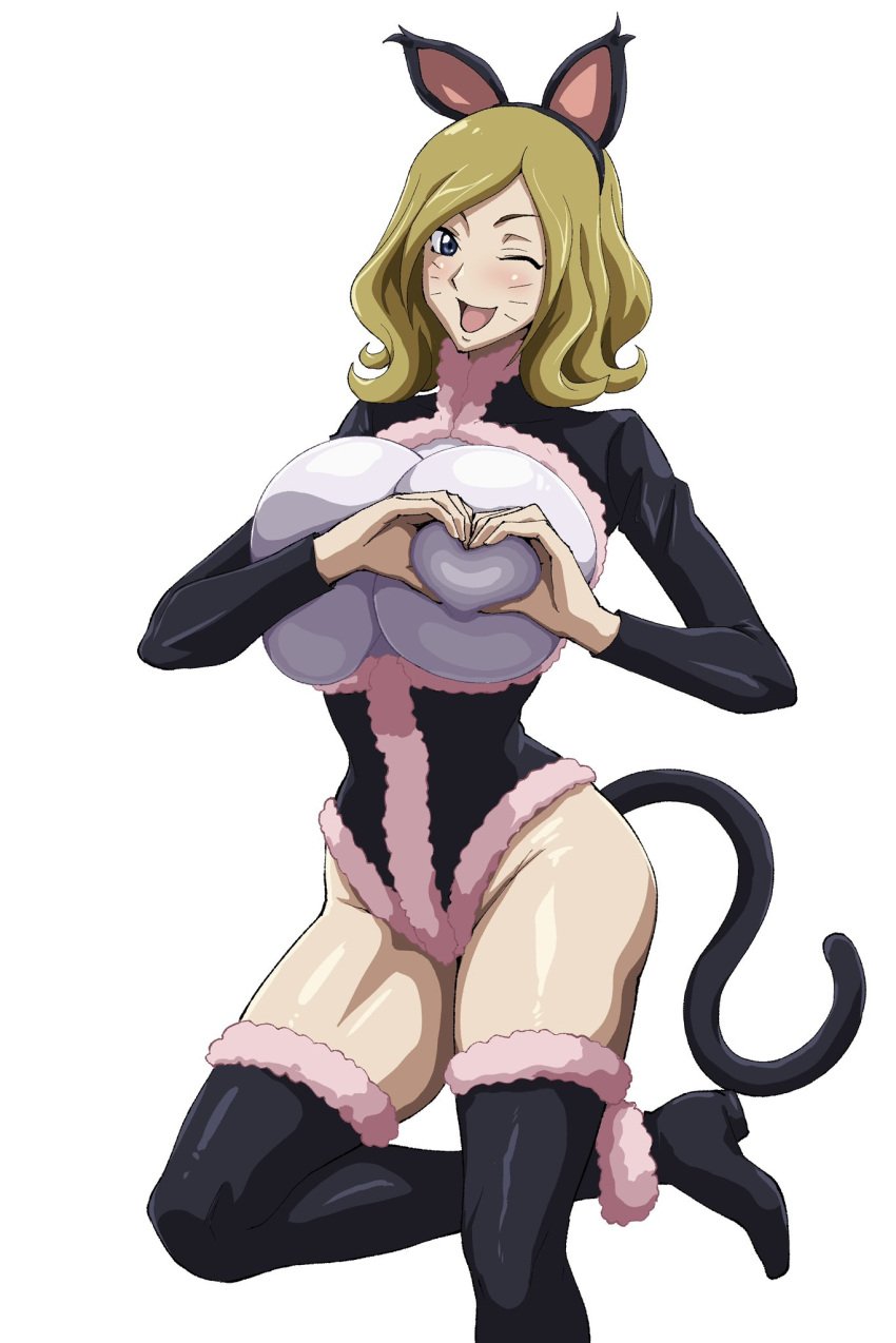 black_high_heel_boots black_legwear black_stockings blonde_hair blue_eyes blush cat_ears cat_tail catgirl catsuit cleavage code_geass female_only footwear happy huge_breasts iwao178 long_sleeves medium_hair milf milly_ashford one_eye_closed open_mouth sleeves_past_elbows solo_focus