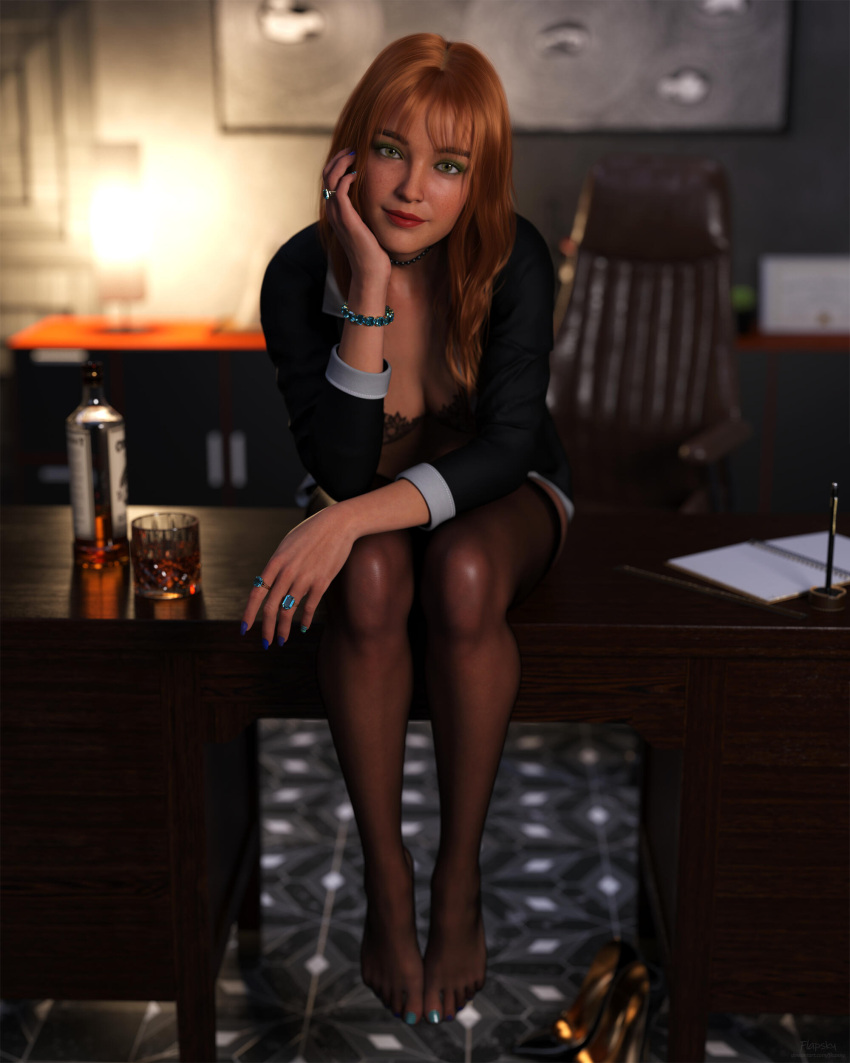 1girls 2024 3d alcohol blue_nail_polish blue_nails bottle depth_of_field female female_only flapsky glass indoors lipstick looking_at_viewer medium_breasts office_lady orange_hair original_character rebecca_(flapsky) red_lipstick seated sitting_on_desk solo solo_female