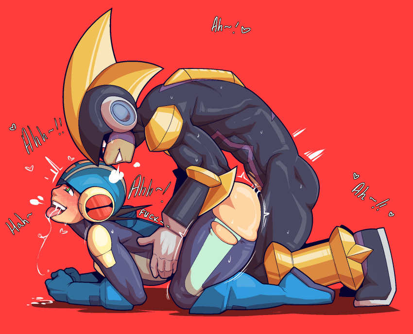 <3 <3_eyes 2024 2boys anal anal_penetration anal_sex ass bass_(mega_man) bigboygun532 blush bodysuit breath butt capcom dialogue english_text from_behind from_behind_position gay green_eyes grin half-closed_eyes heart heart-shaped_pupils heart_eyes helmet looking_pleasured male male/male male_only male_penetrated male_penetrating male_penetrating_male mega_man mega_man_(character) mega_man_battle_network mega_man_nt_warrior megaman.exe moaning motion_lines narrowed_eyes open_mouth open_smile penetration penile penile_penetration penis_in_ass profanity red_background red_eyes ripped_bodysuit ripped_clothing rockman rockman_exe rockman_exe_(character) saliva sex simple_background smile sweat teeth text tongue tongue_out yaoi